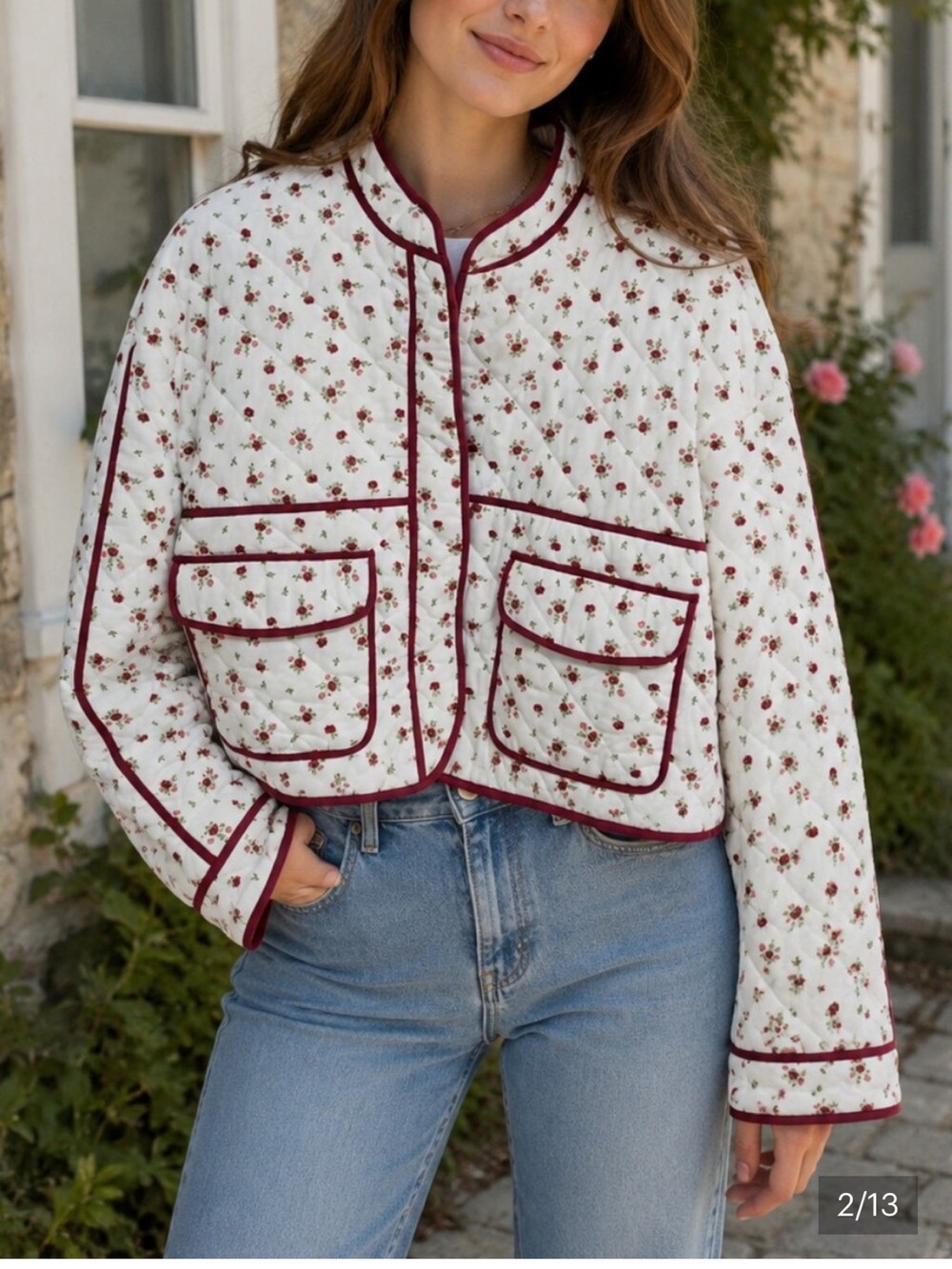 7 For All Mankind NEW Ivory Quilted Floral Utility Jacket with Burgundy Trim
